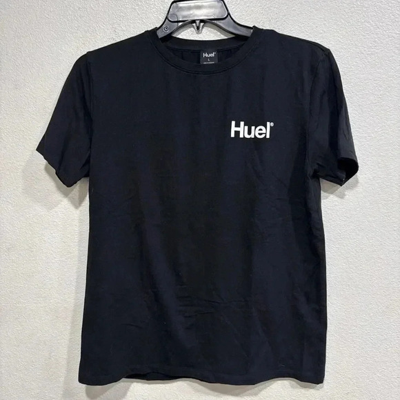 Huel T-Shirt Mens L Black Logo Crew Neck Short Sleeves Cotton Stretch Euc - Picture 1 of 5